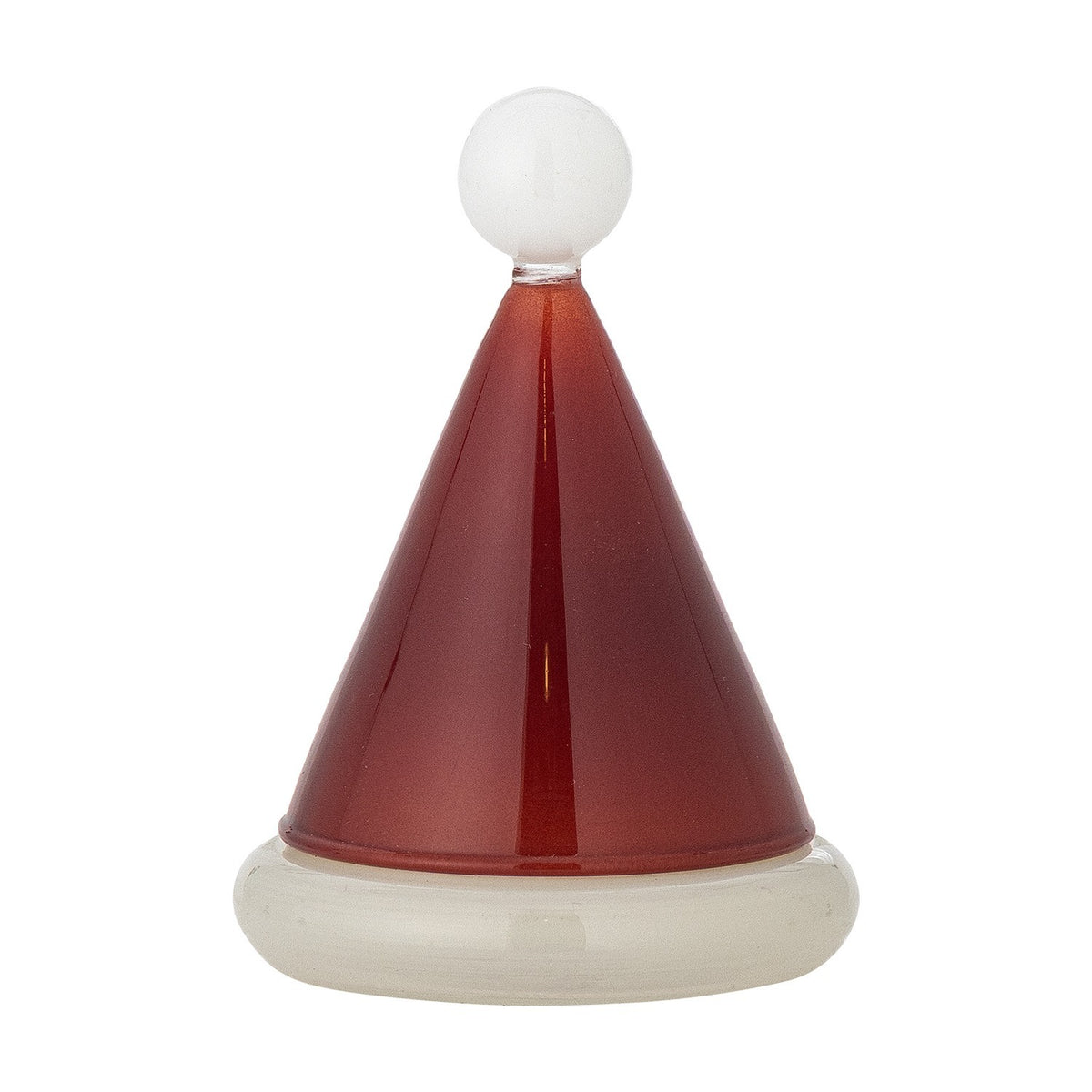 Patrice Glass Christmas Toothpick Holder in red, shaped like a Santa hat with a glossy cone, round bobble tip, and rolled white base, on a plain white background.