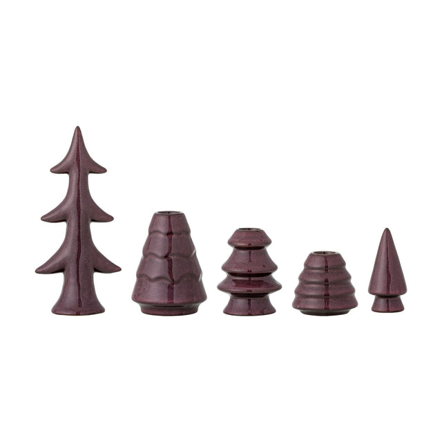 Woods Stoneware Christmas Candle Holders Set of 5 in Purple, five glossy speckled ceramic tree shapes of varying heights and ridged textures on a plain white background.