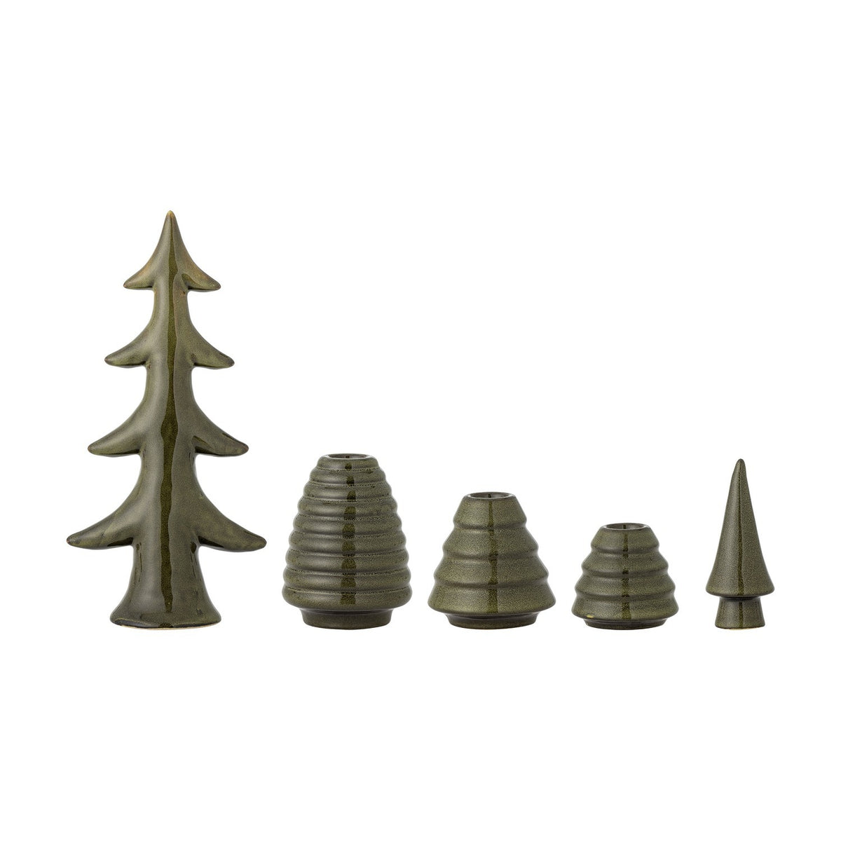 Woods Christmas Tree Stoneware Candle Holders Set of 5 - Green