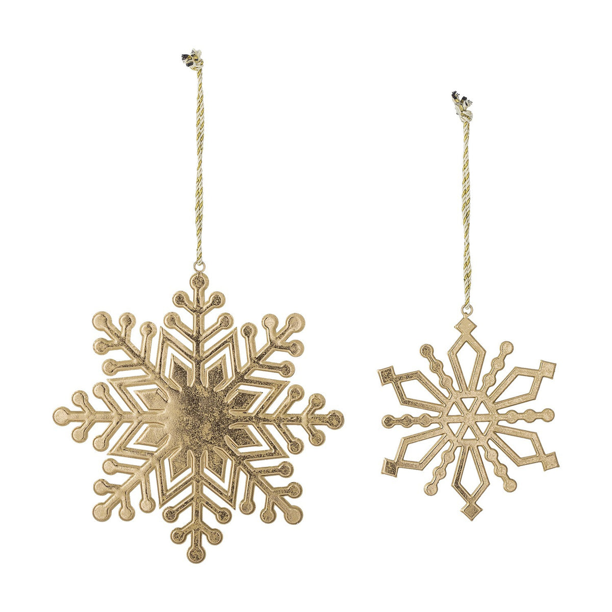 Set of two gold iron Kanja Christmas tree decorations with lacquer finish, a larger six-arm snowflake and a smaller diamond-outlined one, hung on twisted cord.