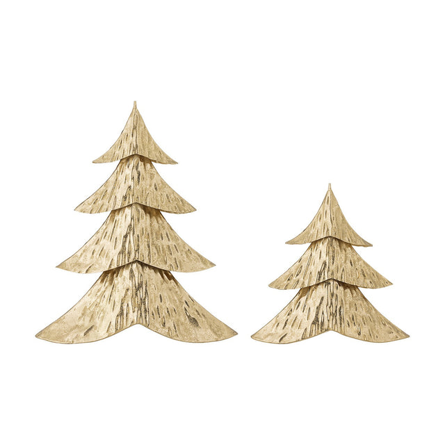 Kaiam Iron Christmas Decorations Set of 2 in gold, tiered fir-shaped tree sculptures with a hammered, dimpled textured finish, shown on a plain white background.