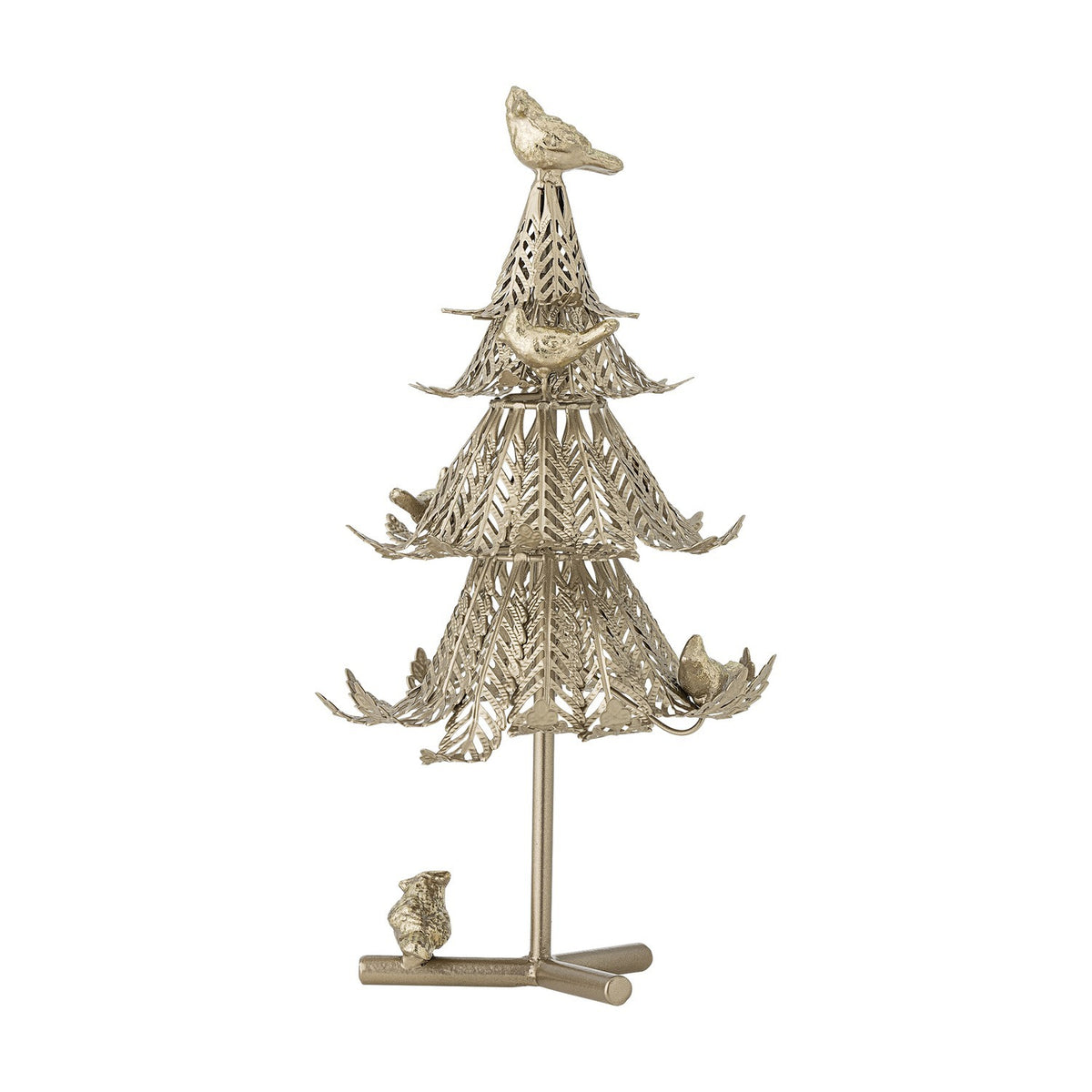 Kiruna Iron Christmas Decoration in gold, a tabletop tree with four tiered cut-out leaf panels, perching birds, and a stand base, shown on a plain white background.