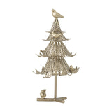 Kiruna Iron Christmas Decoration in gold, a tabletop tree with four tiered cut-out leaf panels, perching birds, and a stand base, shown on a plain white background.