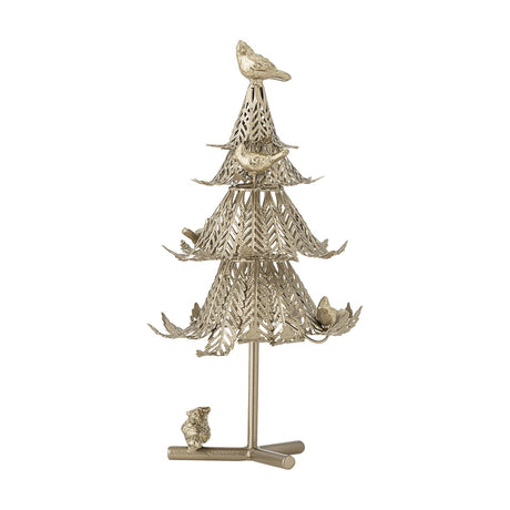 Kiruna Iron Christmas Decoration in gold, a tabletop tree with four tiered cut-out leaf panels, perching birds, and a stand base, shown on a plain white background.