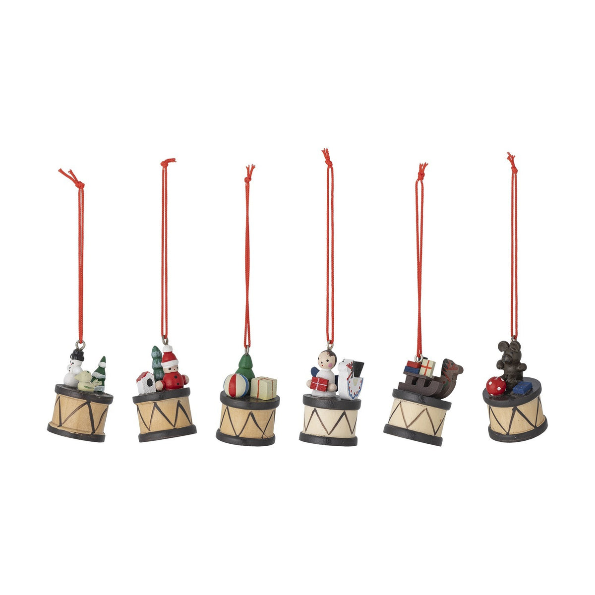 Bertie Wooden Christmas Tree Decorations, set of six beige drum-shaped ornaments with festive figures, each on a red hanging cord against a white background.
