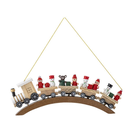 Bertie wooden Christmas tree decoration in beige, a steam train on an arched base carrying snowmen, bobble-hat figures and a bear, hung on gold string against a white background.
