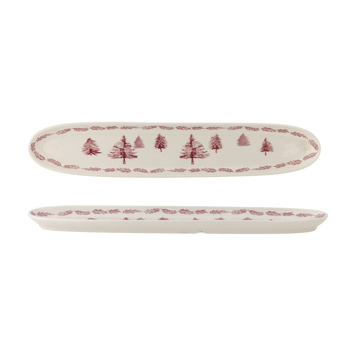 Wonderland Stoneware Christmas Platter in cream, a long narrow oval dish with rounded ends, decorated with a row of pine trees and a pine-branch border, shown top and side view on a white background.