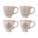 Set of 4 stoneware Wonderland Christmas mugs, 525ml, cream with pink scalloped rims and handles, two in a diamond trellis pattern and two with a pink floral motif, footed bases, on a white background.