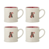 Set of four Kenai cream stoneware Christmas mugs with embossed gingerbread and candy cane design, red interior glaze, on a white background.