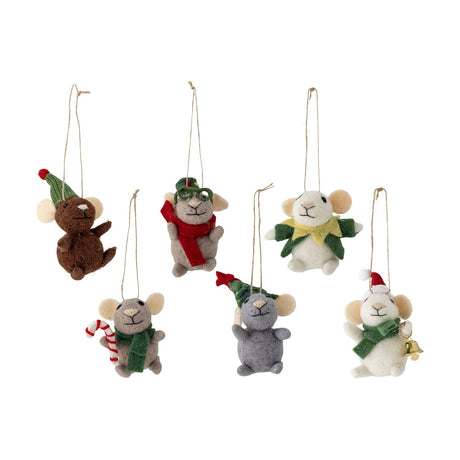 Peo Wool Christmas Tree Decorations, set of six felt mouse ornaments in brown, grey and white with festive hats, scarves, a candy cane and bell, hanging on a white background.