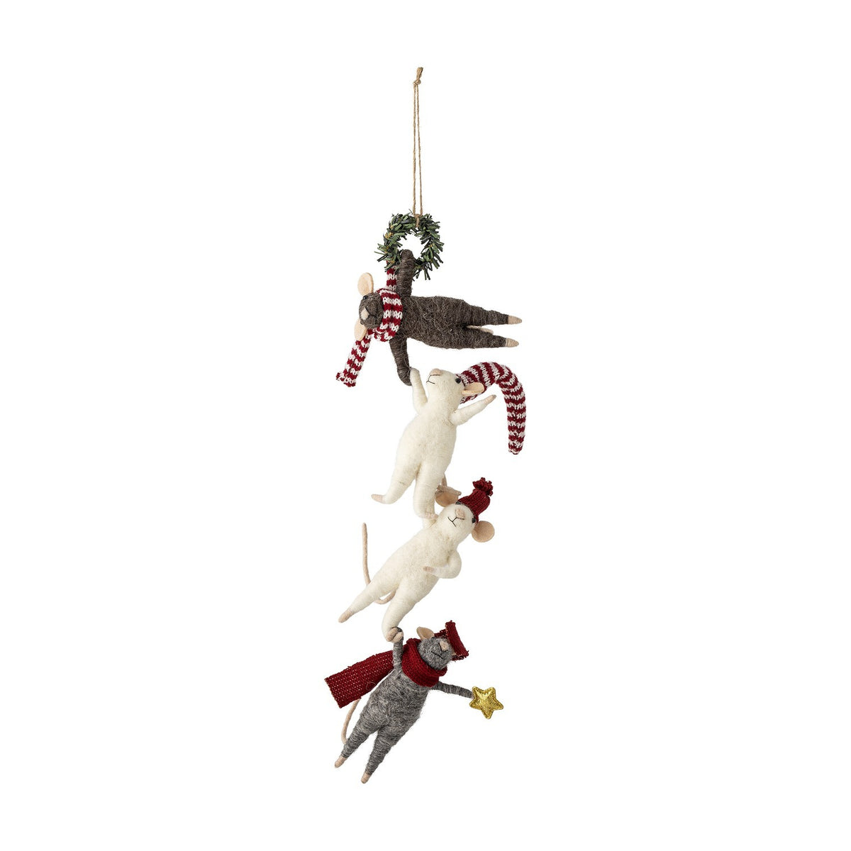 Hanging felt Christmas decoration featuring a grey cat and three mice in a chain beneath a wreath, with a striped scarf, bobble hat, and gold star, on a white background.