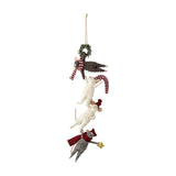 Hanging felt Christmas decoration featuring a grey cat and three mice in a chain beneath a wreath, with a striped scarf, bobble hat, and gold star, on a white background.