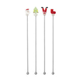 Set of four stainless steel cocktail stirrers with glass figure toppers—Santa face, Christmas tree, Santa legs and a stocking—on a plain white background.
