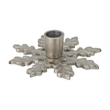 Kashi Snowflake Aluminium Christmas Candle Holder in silver, a flat star-shaped base with leaf-like arms and a single round taper cup at the centre, shown on a plain white background.