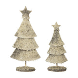 Set of 2 gold iron Christmas tree decorations with tiered layers, textured crusted finish, and star topper, shown in two heights on a white background.