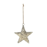 Sarika Star Christmas tree decoration in gold iron with a textured, flecked finish, hung from a jute string loop against a plain white background.