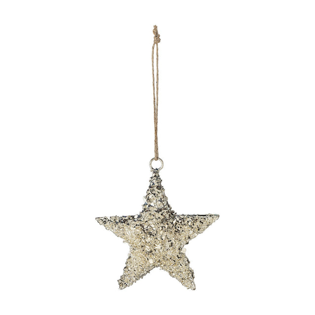 Sarika Star Christmas tree decoration in gold iron with a textured, flecked finish, hung from a jute string loop against a plain white background.