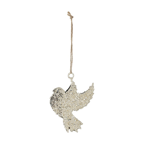 Sarika Iron Christmas Tree Decoration 14cm in Gold, a bird-shaped ornament with lifted wings and fanned tail, textured metal finish, hung on jute string against a white background.