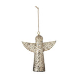 Sarika Iron Christmas Tree Decoration in gold, an angel-shaped hanging ornament with spread wings and a crushed mosaic texture, suspended by a jute cord against a white background.
