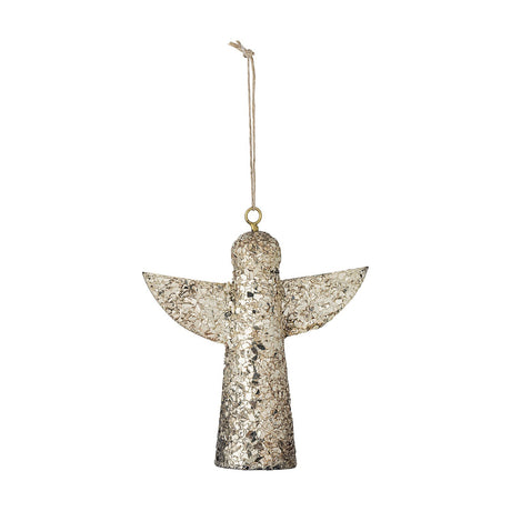 Sarika Iron Christmas Tree Decoration in gold, an angel-shaped hanging ornament with spread wings and a crushed mosaic texture, suspended by a jute cord against a white background.