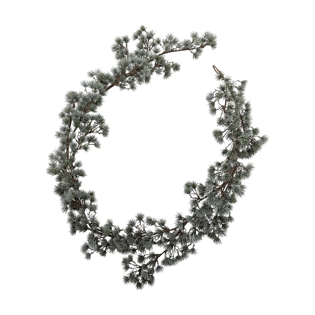 Artificial cedar Christmas garland coiled into a wreath-like loop, with frosted green needle clusters along a flexible branch, shown on a plain white background.