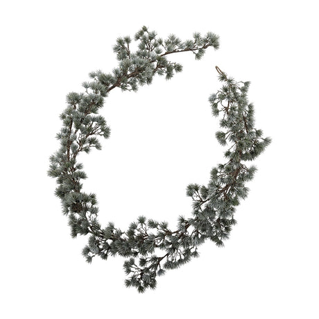 Artificial cedar Christmas garland coiled into a wreath-like loop, with frosted green needle clusters along a flexible branch, shown on a plain white background.
