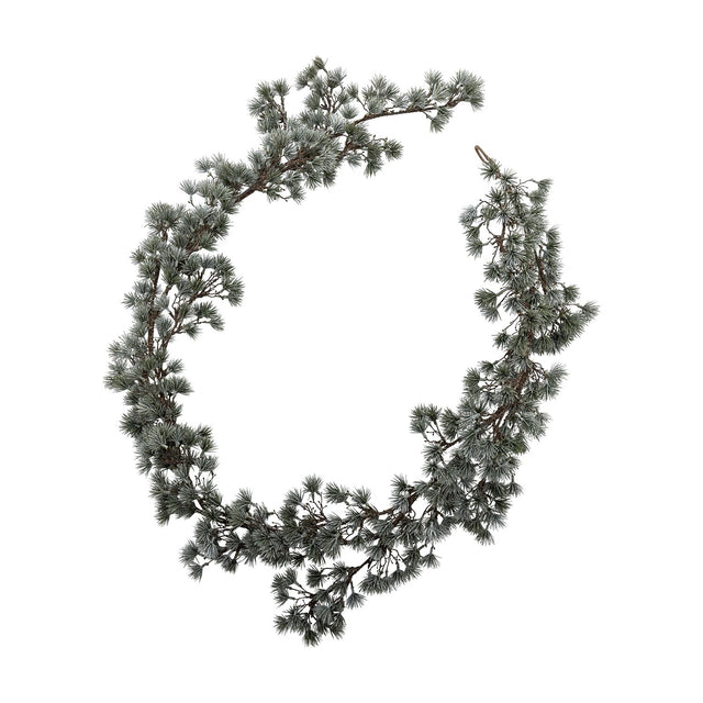 Artificial cedar Christmas garland coiled into a wreath-like loop, with frosted green needle clusters along a flexible branch, shown on a plain white background.