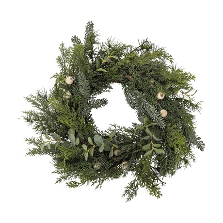 Artificial Christmas wreath, 65cm, in green pine needles, feathery sprigs and eucalyptus-style leaves with small round berries, shown on a plain white background.