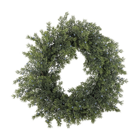 Juniper Artificial Christmas Wreath in green, a full round ring of needle-like sprigs with small berries dotted throughout, shown on a plain white background.