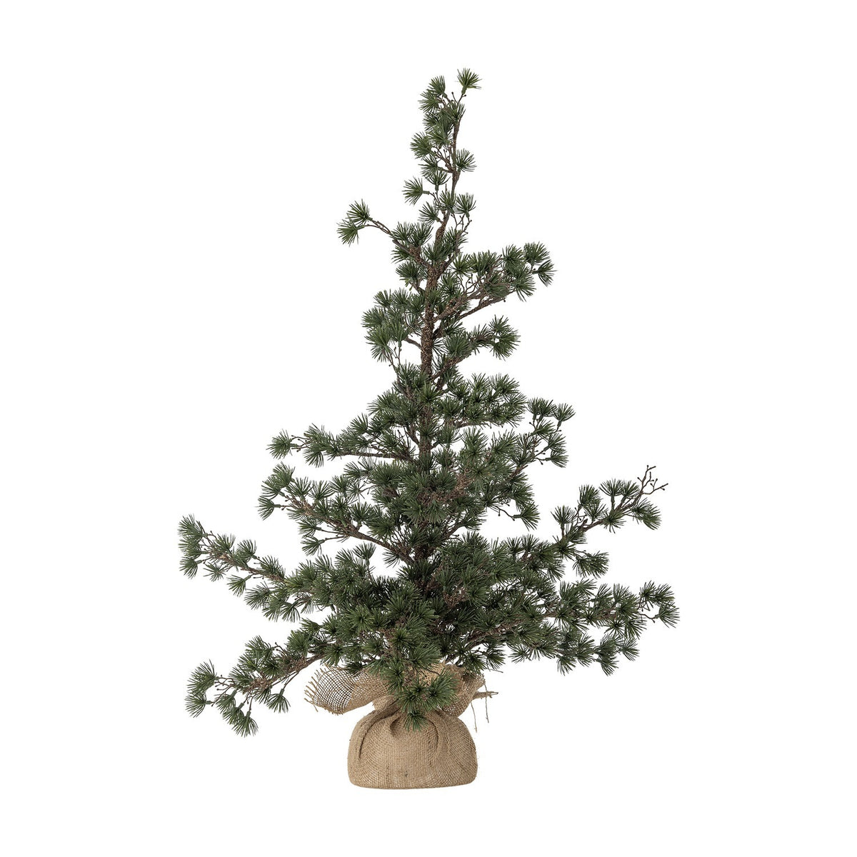 Cedar artificial Christmas tree with sparse green needle tufts on uneven twiggy branches, set in a hessian wrapped base against a plain white background.