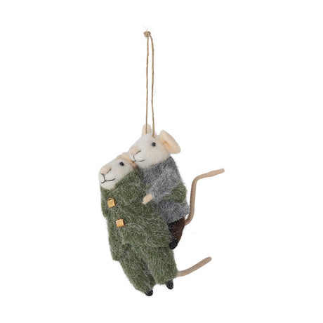 Peo Wool Christmas Tree Decoration in green, two felt mice in piggyback pose with button details and long tails, hanging from a jute loop on a white background.