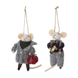 Peo Wool Christmas Tree Decorations, set of 2 grey felt mice ornaments with jute hangers, one in a coat with a wrapped parcel, the other in a bow tie holding a tiny bottle, on a white background.