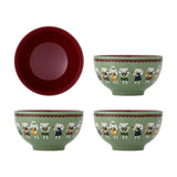 Peo Stoneware Christmas Bowls, set of 4, 13cm green stoneware bowls with a band of angel mice beneath a scalloped border and a dark red glazed interior, shown on a white background.
