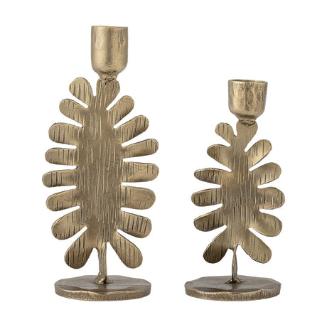 Oaken Iron Candle Holders Set of 2 in gold, two leaf-shaped metal stands with scored texture on round bases, taller and shorter sizes, shown on a white background.