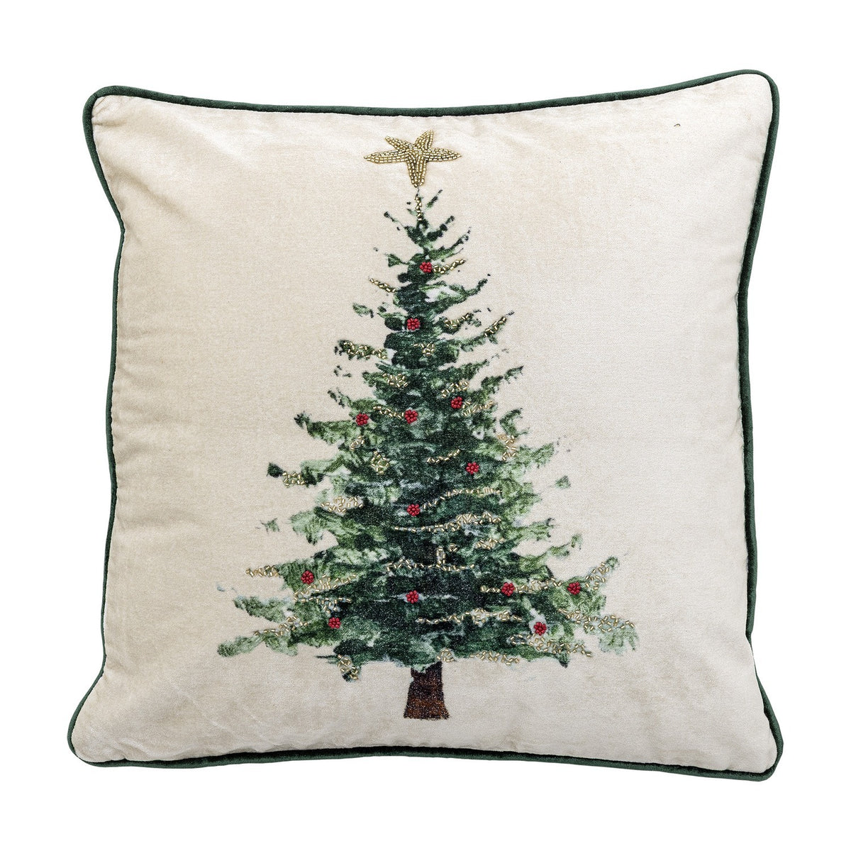 Evelin Cotton Christmas Cushion in cream, a square fabric cushion with green piping and a printed Christmas tree featuring a beaded star, garlands and baubles, shown on a plain white background.