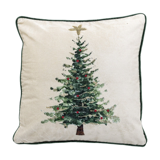 Evelin Cotton Christmas Cushion in cream, a square fabric cushion with green piping and a printed Christmas tree featuring a beaded star, garlands and baubles, shown on a plain white background.