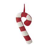 Kunai Striped Christmas Tree Decoration in Red, a candy cane-shaped ornament with red and white glass bead stripes, a padded fabric body, and a red hanging loop, shown on a plain white background.
