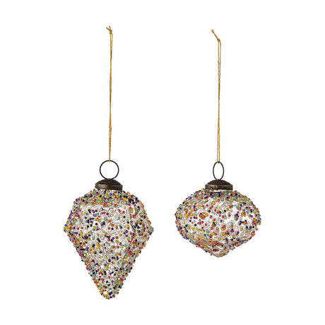 Chanda Glass Christmas Baubles Set of 2 in Multi, a drop-shaped and an onion-shaped ornament covered in tiny multicoloured beads with metal caps and hanging cords, on a white background.