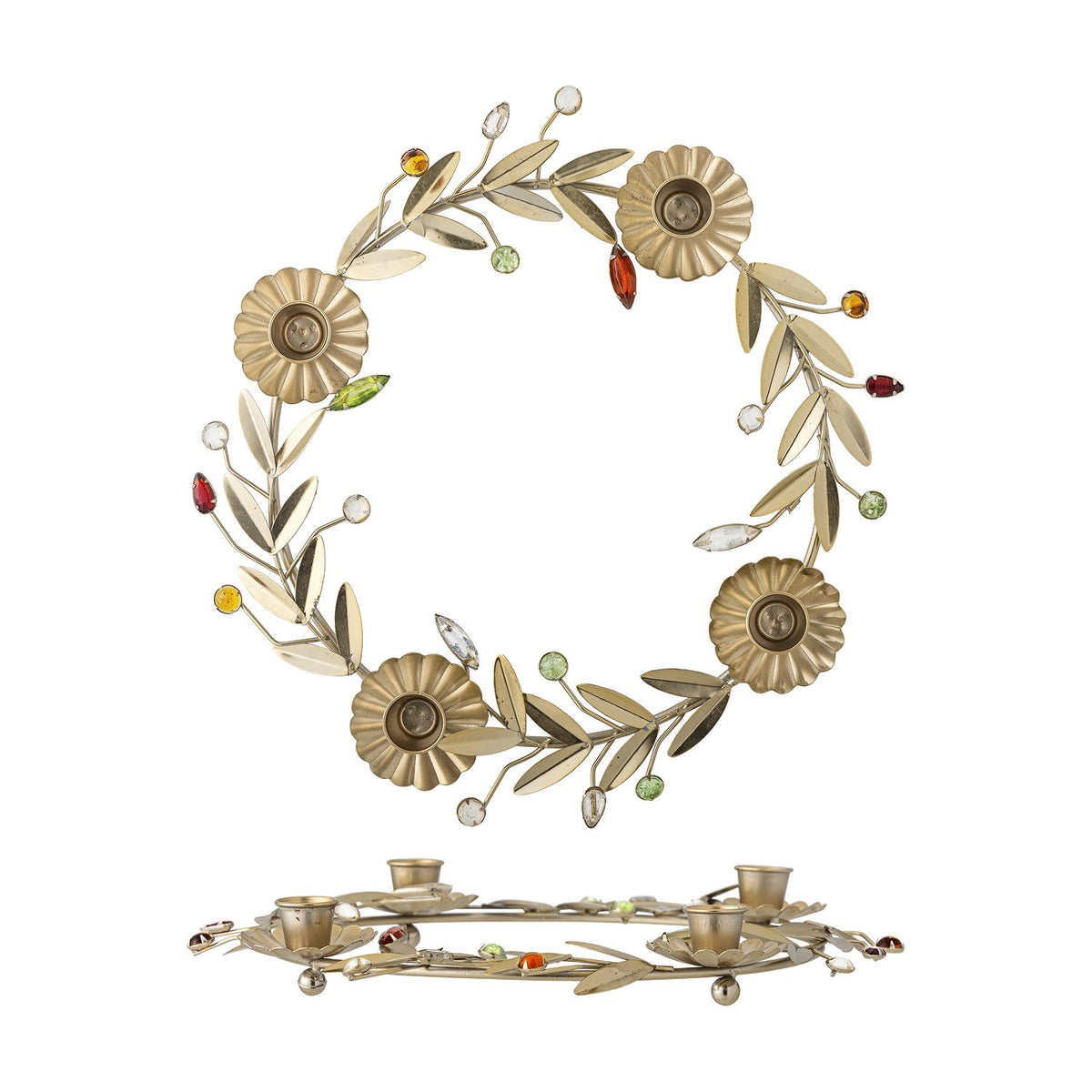 Gold iron Advent candle holder wreath with four flower-shaped candle cups, leaf sprigs, and multicoloured faceted accents, shown upright and flat on a white background.