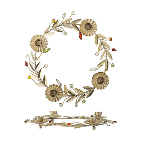 Gold iron Advent candle holder wreath with four flower-shaped candle cups, leaf sprigs, and multicoloured faceted accents, shown upright and flat on a white background.