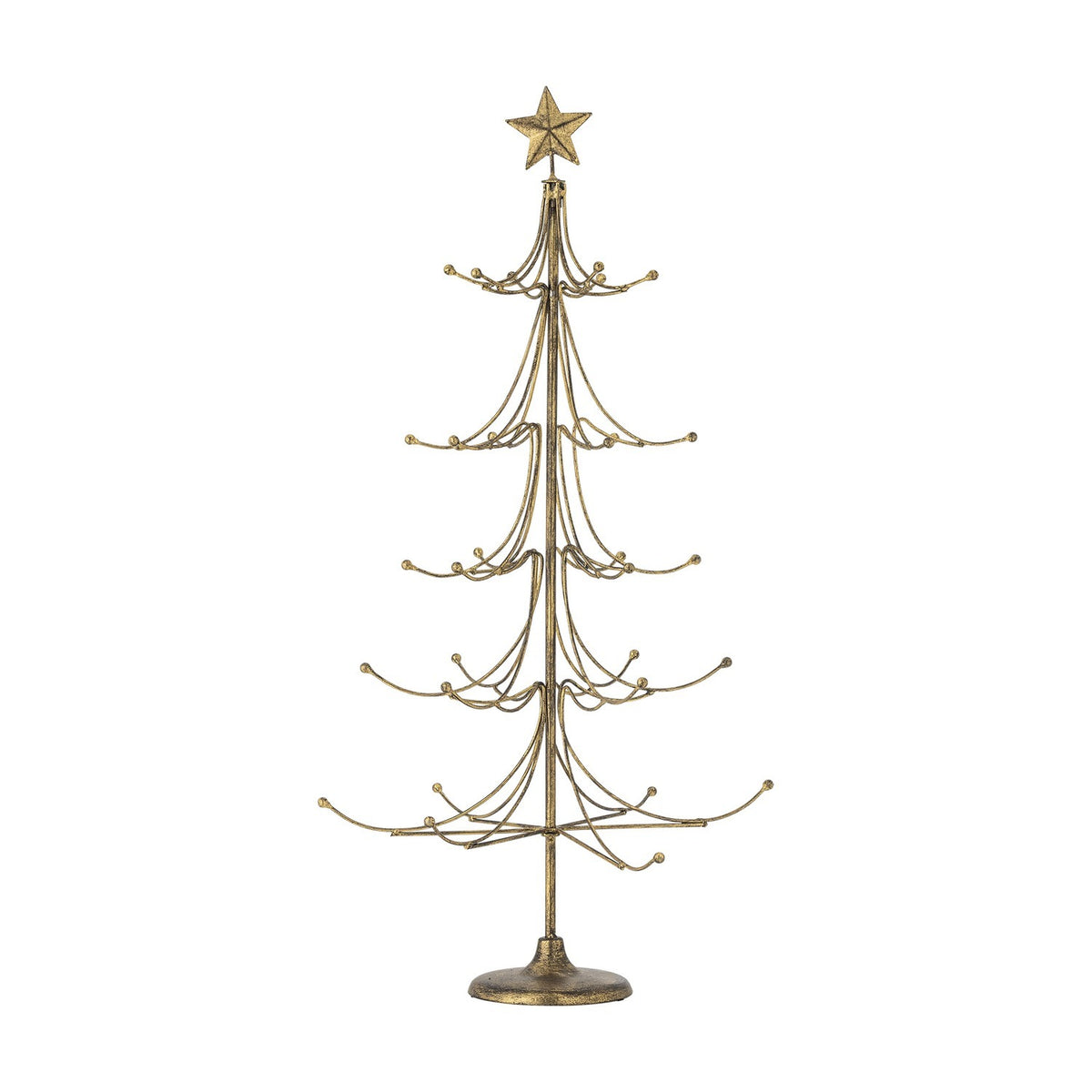 Gold Wen Iron Christmas Decoration, a slim tree-shaped metal stand with curved tiered arms ending in hooks and balls beneath a star, on a round base.