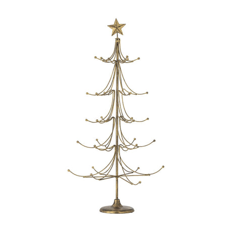Gold Wen Iron Christmas Decoration, a slim tree-shaped metal stand with curved tiered arms ending in hooks and balls beneath a star, on a round base.