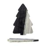 Diya Christmas Tree marble chopping board in black and white, stepped tiers with a pointed top and trunk base, shown upright and lying flat on a plain white background.