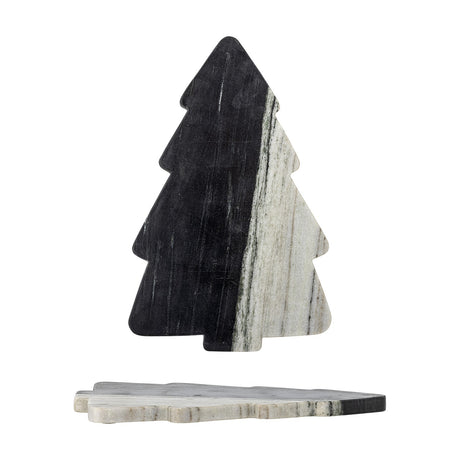 Diya Christmas Tree marble chopping board in black and white, stepped tiers with a pointed top and trunk base, shown upright and lying flat on a plain white background.