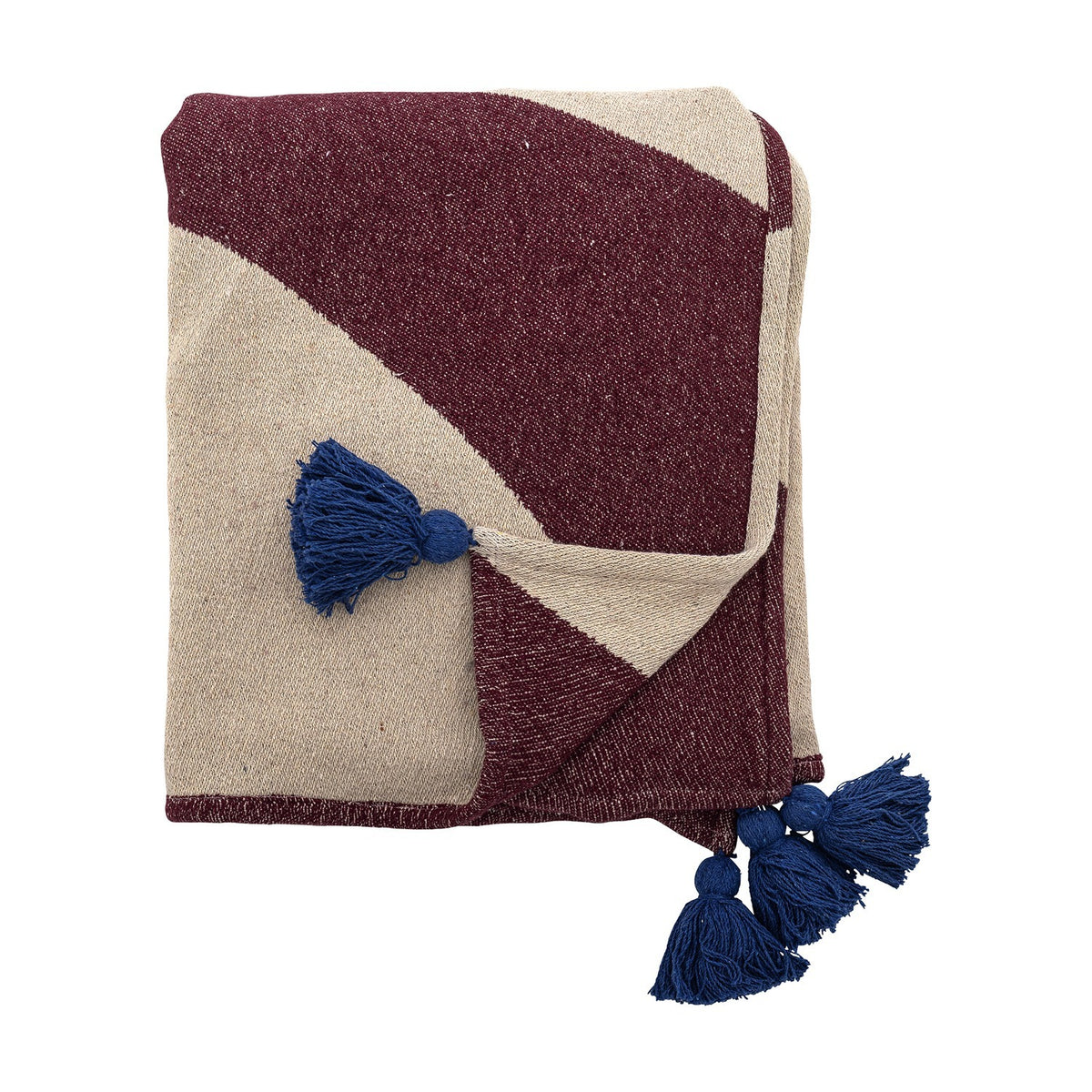 Cimmi Christmas Throw in Multi, folded woven blanket with burgundy and cream curved pattern and navy corner tassels, shown on a plain white background.