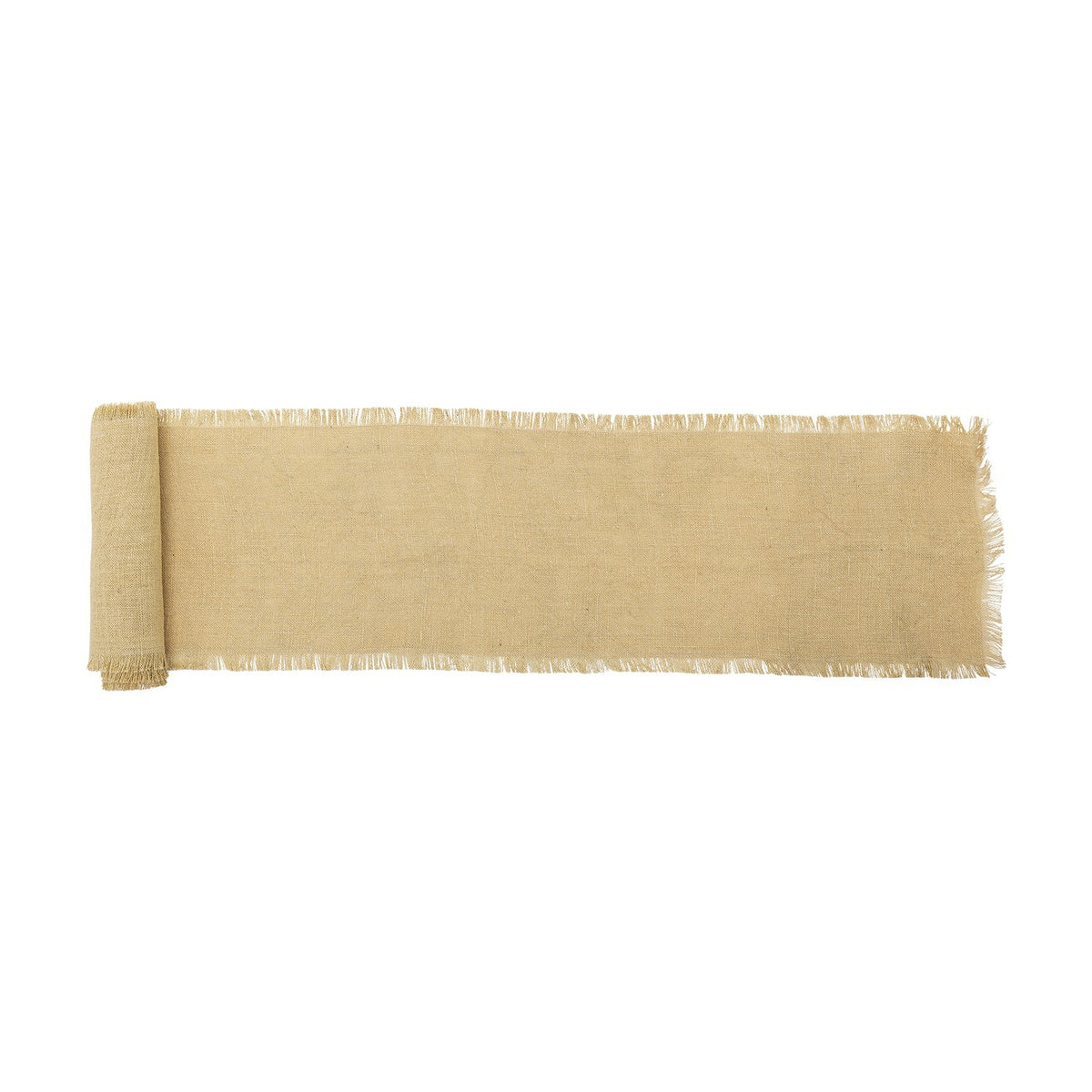 Janavi Jute Christmas Table Runner in beige, a long woven strip with frayed edges, partly rolled, shown on a plain white background.