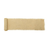 Janavi Jute Christmas Table Runner in beige, a long woven strip with frayed edges, partly rolled, shown on a plain white background.
