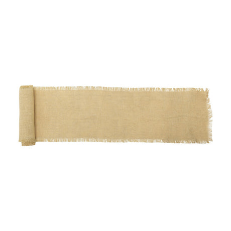 Janavi Jute Christmas Table Runner in beige, a long woven strip with frayed edges, partly rolled, shown on a plain white background.