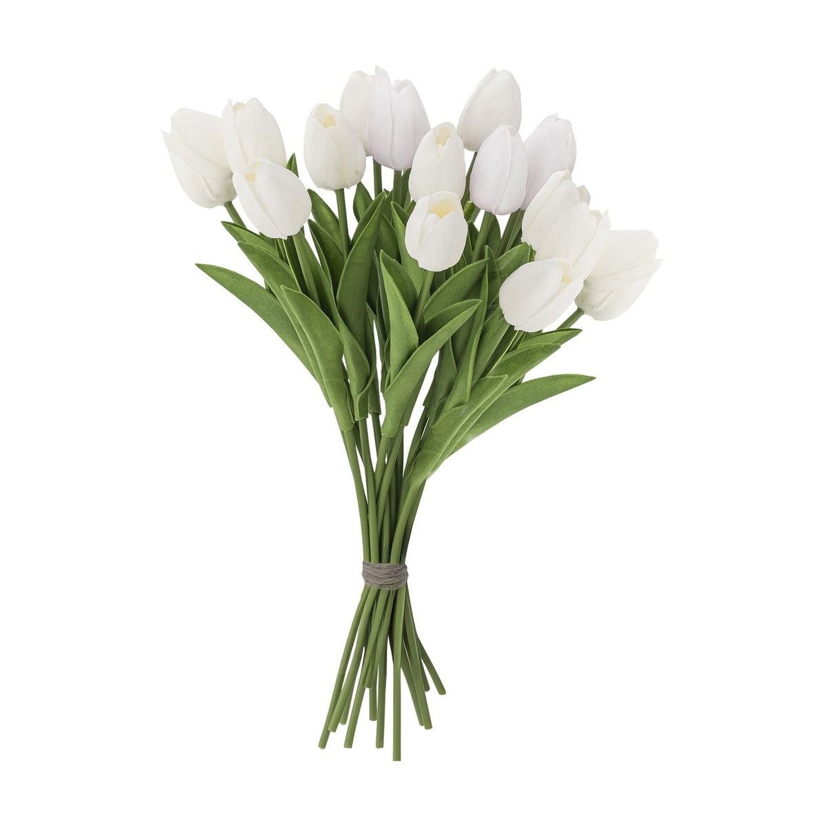 Tulip Artificial Bouquet in White, closed buds on individual stems with green leaves, tied together, set against a plain white background.