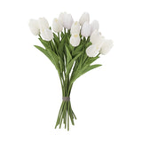 Tulip Artificial Bouquet in White, closed buds on individual stems with green leaves, tied together, set against a plain white background.